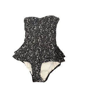🖤 DKNY Strapless One-Piece Swimsuit – Black & White Lace Print – Peplum Ruffle‎